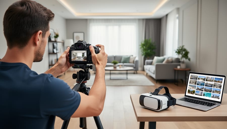 Photographer positioning VR camera to capture landscape scene with proper field of view