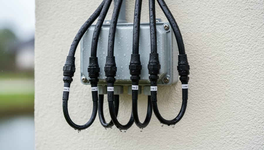 Close-up of weatherproofed security camera cable connections with protective drip loop