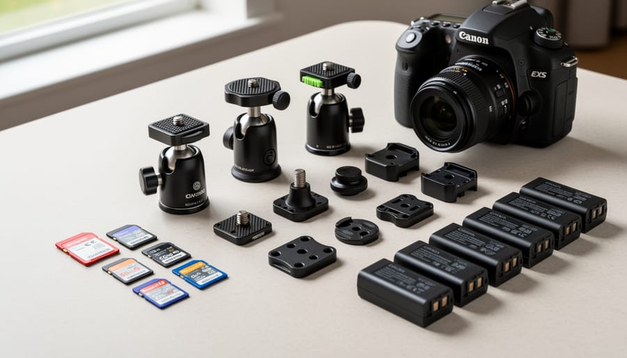 Flat lay of 360-degree camera accessories including memory cards, selfie stick, case, and batteries