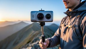 Close-up of a dual-lens 360-degree camera on a selfie stick held by a hiker at a mountain summit during golden hour, with softly blurred alpine peaks and sky behind.