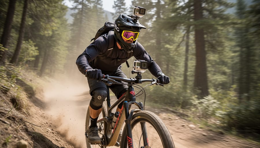 Mountain biker with 360-degree camera mounted on helmet riding forest trail