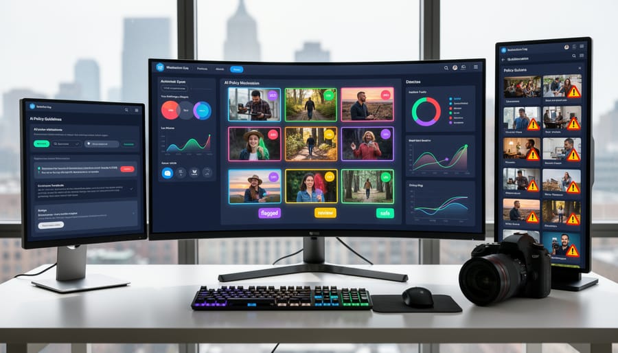 Computer screen displaying photo editing software with automated content scanning overlay