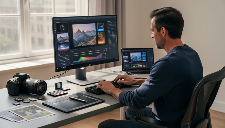 Photographer working with AI photo editing software on laptop showing both manual and automated editing approaches