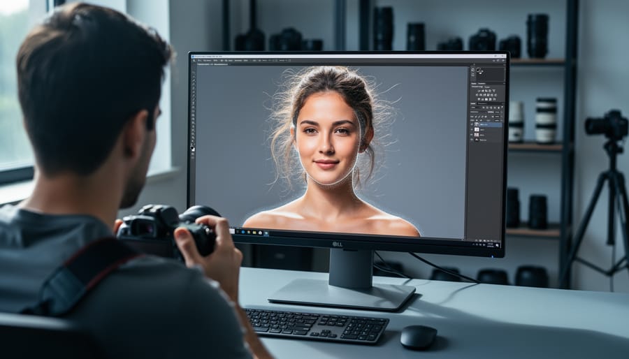 Over-the-shoulder view of a photographer using a pen tablet to edit a portrait on a large monitor with a subtle AI subject selection outline around the model’s hair, lit by soft side daylight, with studio equipment blurred in the background.