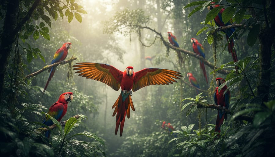 Scarlet macaws in Amazon rainforest canopy with misty forest landscape background
