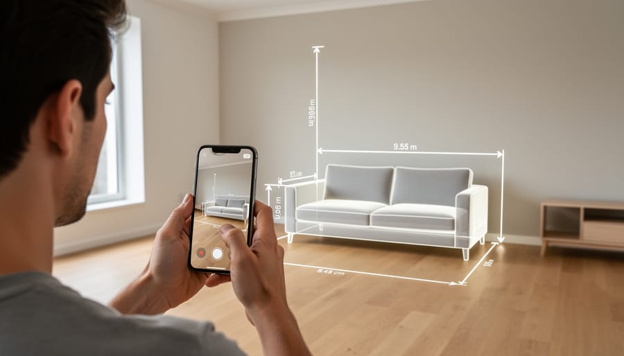 Person using smartphone depth camera for augmented reality room measurement