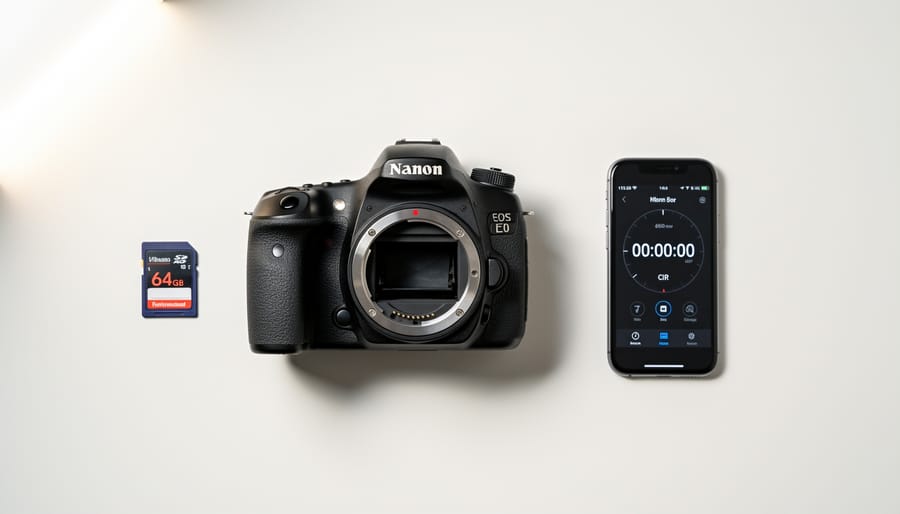 Overhead view of camera testing setup with DSLR, stopwatch, and memory card on desk