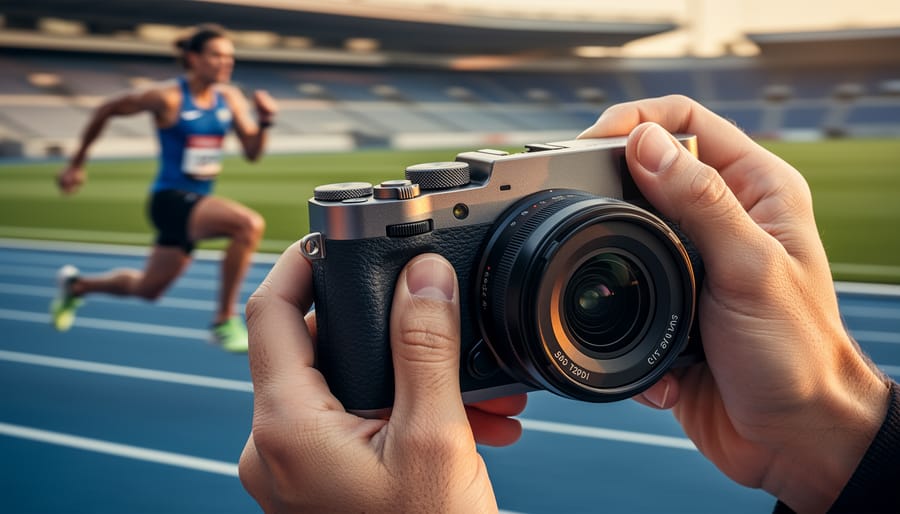 Close-up of a photographer holding a mirrorless camera, finger on the shutter, with a sprinting athlete motion-blurred on a sunlit track and a softly blurred stadium in the background.
