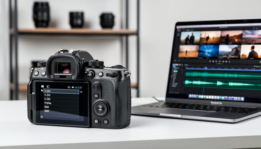 Professional camera with memory card slot open showing SD card during video recording