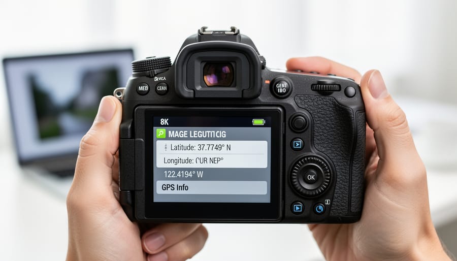 DSLR camera screen showing GPS metadata and coordinates in photo information display