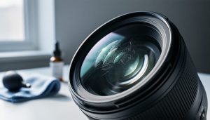 Close-up of a camera lens front element with visible cleaning streaks and smudges revealed by side lighting, with a blurred microfiber cloth, air blower, and small cleaning solution bottle on a dark desk in the background.