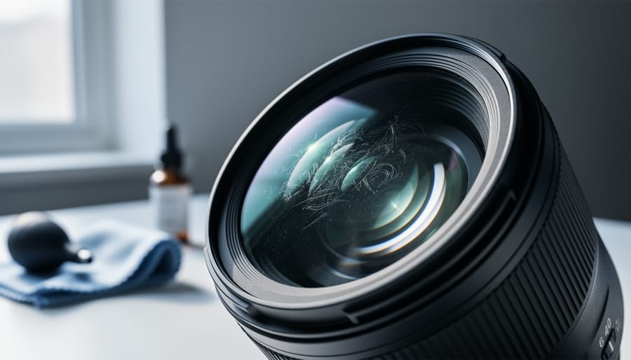 Close-up of a camera lens front element with visible cleaning streaks and smudges revealed by side lighting, with a blurred microfiber cloth, air blower, and small cleaning solution bottle on a dark desk in the background.