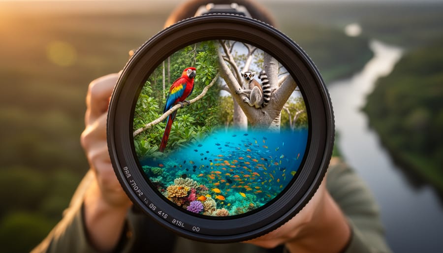 Close-up of a photographer’s DSLR lens reflecting a scarlet macaw in the Amazon canopy, a ring-tailed lemur on a Madagascar baobab branch, and a colorful Coral Triangle reef with schooling fish, lit by warm golden-hour light with a softly blurred rainforest background.
