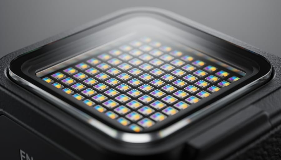 Close-up view of camera sensor chip showing pixel array structure