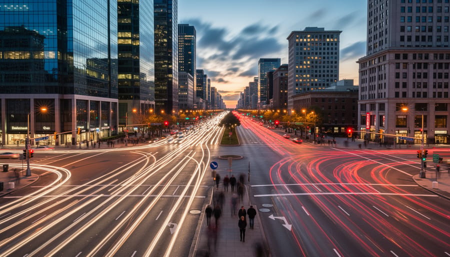 Dramatic cityscape at sunset with light trails and moving clouds showing results of moving time-lapse technique