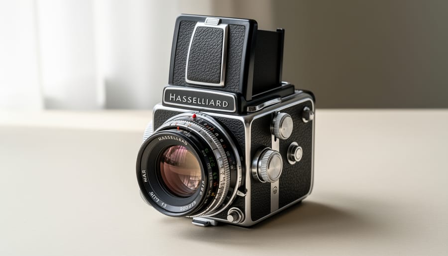 Vintage Hasselblad 500 series and Mamiya medium format film cameras on wooden desk