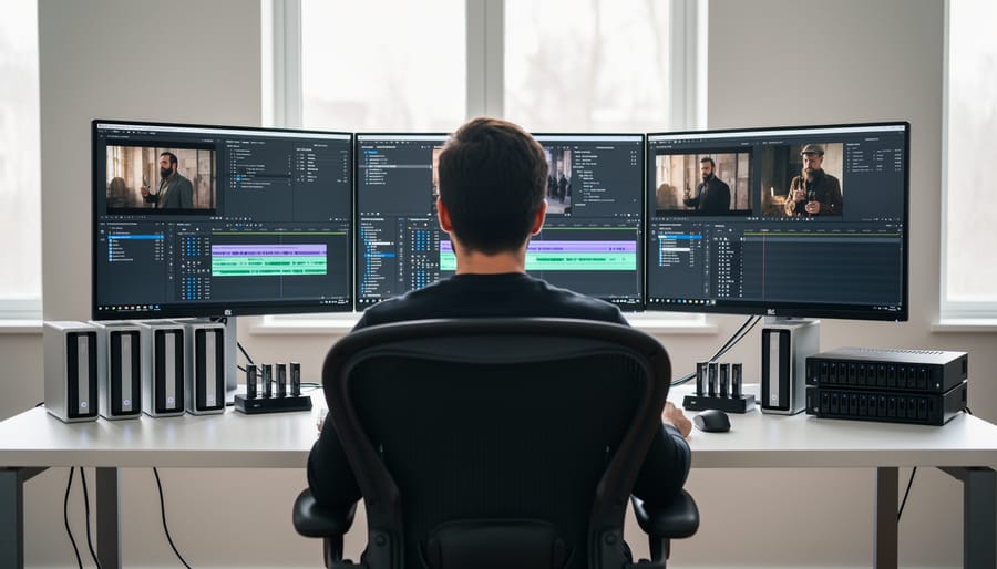Professional video editing workstation with external storage drives and laptop