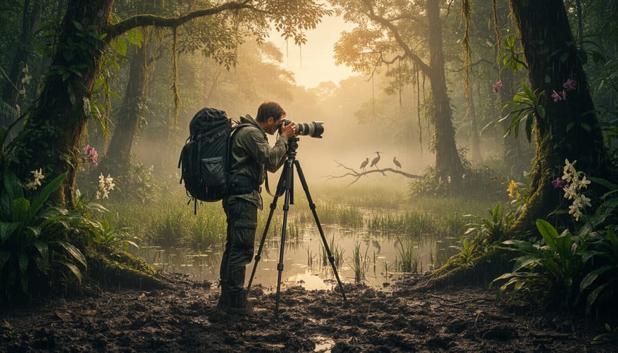 Wildlife photographer with camera equipment photographing in tropical rainforest setting