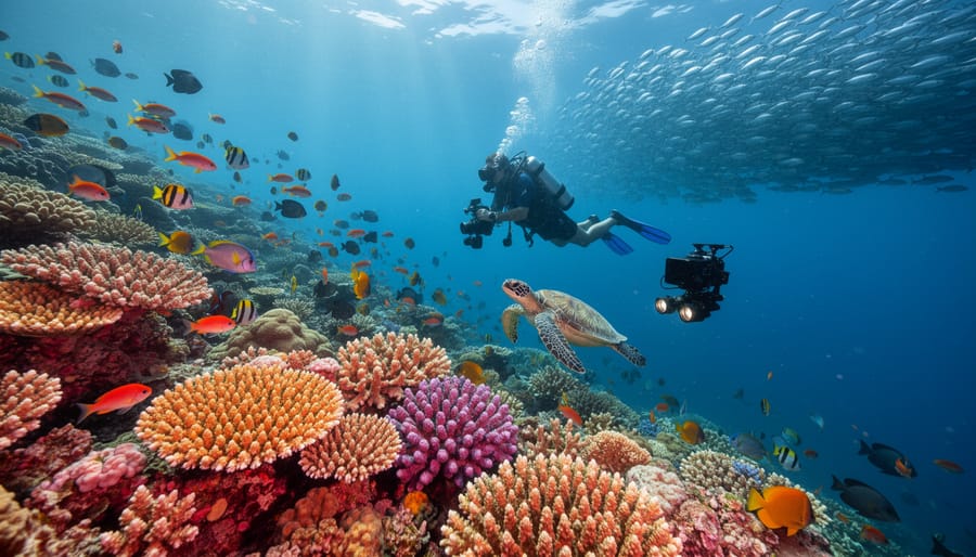 Colorful coral reef with tropical fish in clear blue water of Coral Triangle