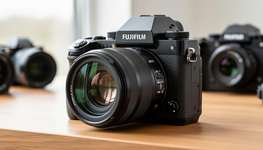 Photographer holding Fujifilm GFX digital medium format camera in studio setting