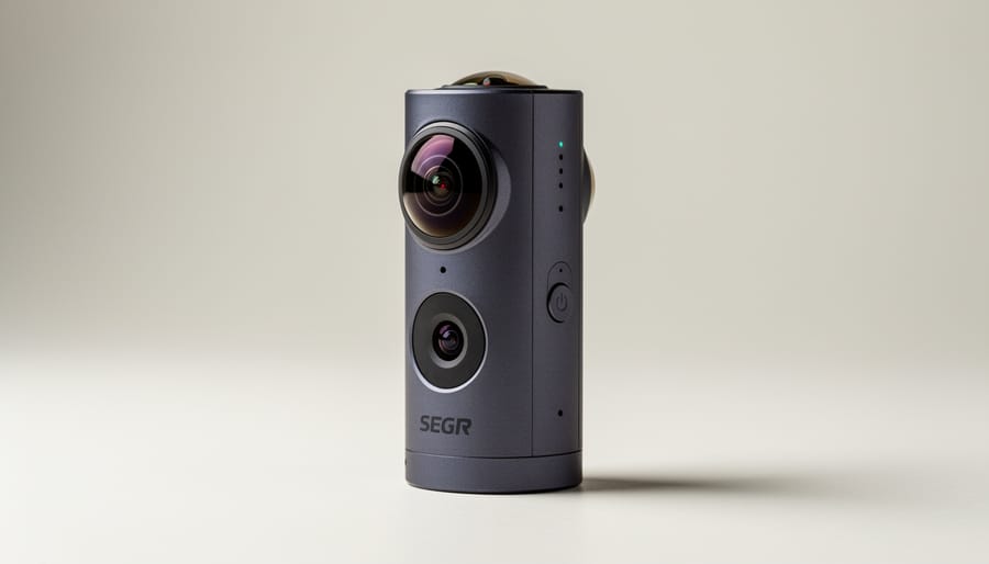 Close-up of dual-lens 360-degree camera showing fish-eye lenses