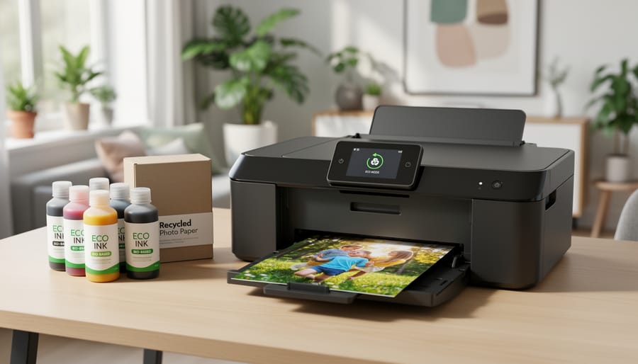 Photographer holding eco-friendly ink cartridge next to modern photo printer on desk