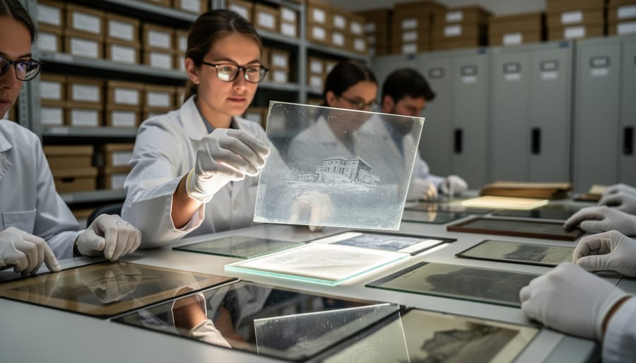 Conservator in white gloves examining historical glass plate negative
