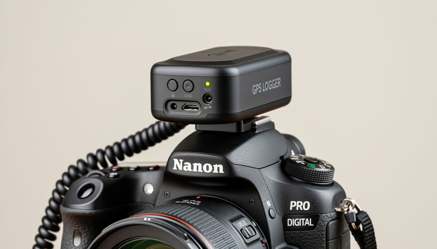 GPS logger device mounted on camera hot shoe for professional geotagging