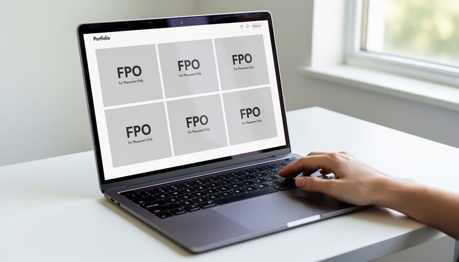 Computer screen displaying website template with FPO placeholder images