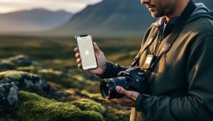 Medium shot of a travel photographer holding a DSLR and a smartphone displaying an unlabeled map with a glowing location dot, GPS logger clipped to the camera strap, golden-hour lighting, mossy landscape and distant mountains softly blurred.