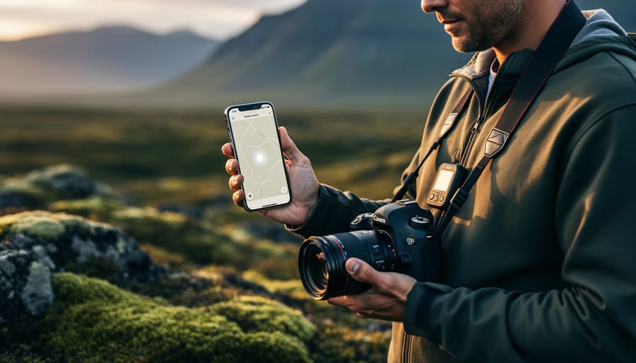 Medium shot of a travel photographer holding a DSLR and a smartphone displaying an unlabeled map with a glowing location dot, GPS logger clipped to the camera strap, golden-hour lighting, mossy landscape and distant mountains softly blurred.