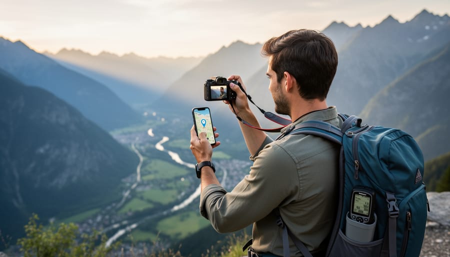 Camera, smartphone, and GPS tracking devices arranged on map showing geotagging equipment