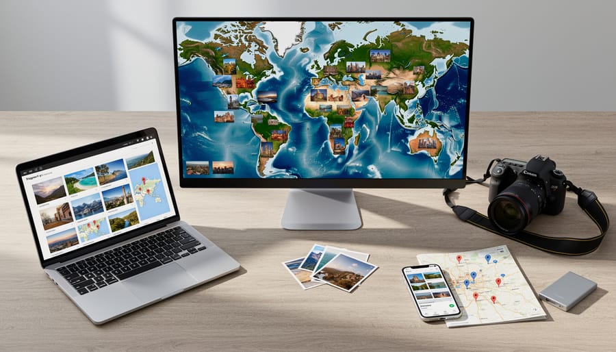 Computer screen showing photo organization software with geotagged images mapped by location