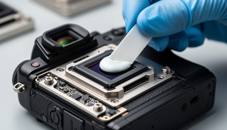 Close-up of heat sink with thermal paste applied to electronic component
