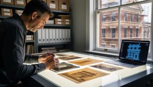 Archivist-photographer at a backlit table aligning glass plate negatives and albumen prints with calipers next to a laptop displaying a 3D wireframe of an 1880s brick storefront, soft daylight, blurred archival shelves and scaffolded historic facade in the background.