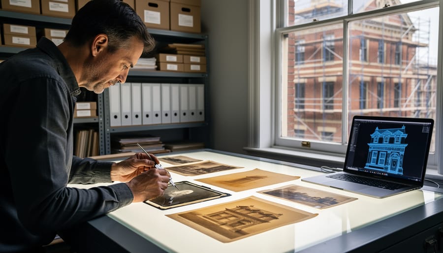 Archivist-photographer at a backlit table aligning glass plate negatives and albumen prints with calipers next to a laptop displaying a 3D wireframe of an 1880s brick storefront, soft daylight, blurred archival shelves and scaffolded historic facade in the background.