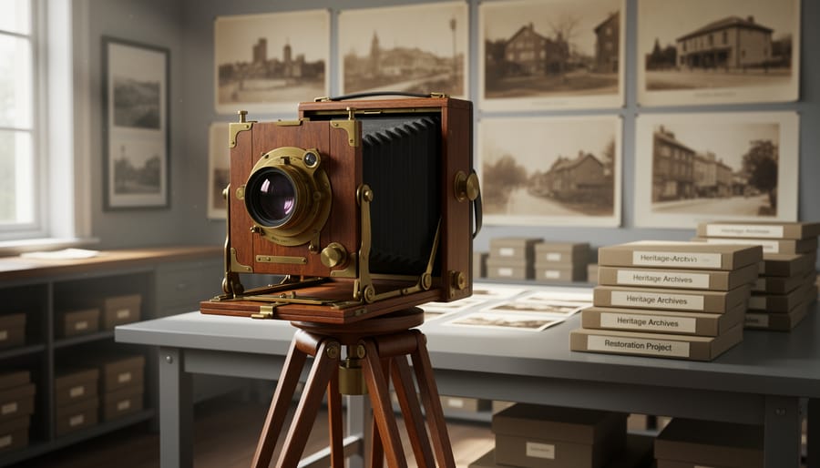 Vintage large format camera with brass fittings on wooden tripod in archival setting