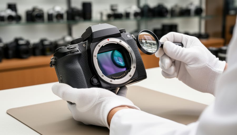 Close-up of photographer inspecting digital camera sensor with LED loupe during equipment evaluation