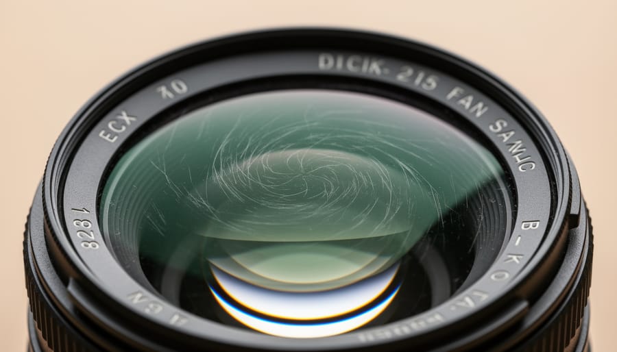 Close-up of camera lens showing circular cleaning marks and streaks on glass surface