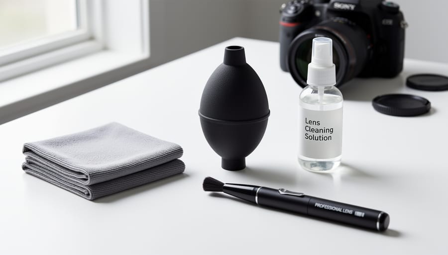 Overhead view of professional lens cleaning tools including blower, microfiber cloth, cleaning solution, and lens pen