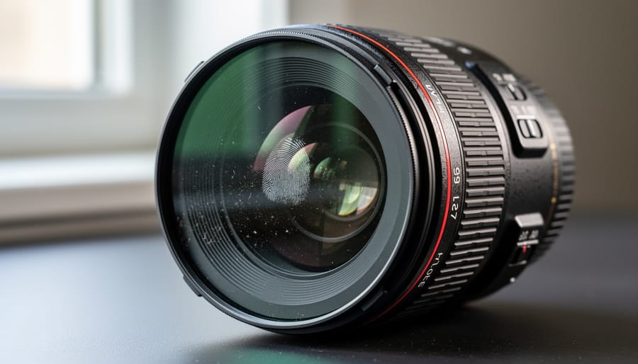Photographer's hands holding camera lens with protective filter attached