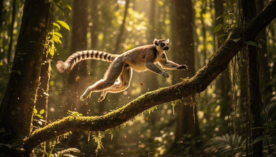 Ring-tailed lemur jumping between branches in Madagascar forest