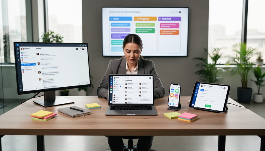 Photographer managing multiple devices showing client communications and photo galleries