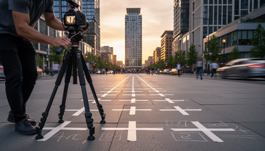 Photographer using reference points on pavement for manual hyperlapse shooting in urban environment