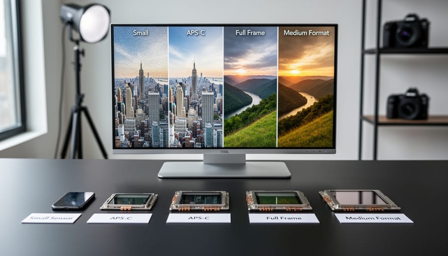 Side by side comparison of crop sensor, full-frame sensor, and medium format camera sensor showing size differences