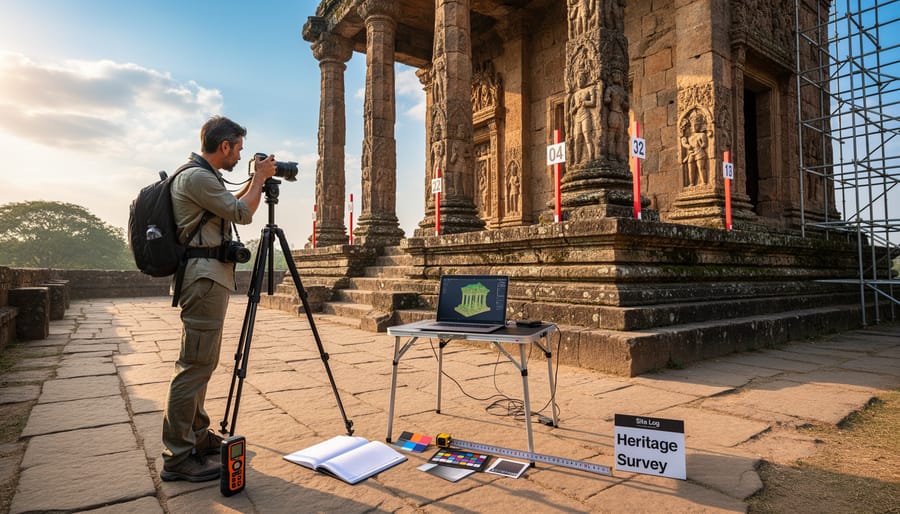 Photographer documenting historic building with professional camera equipment