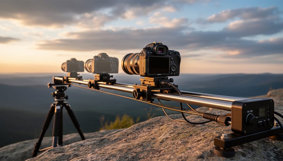 Motorized camera slider with DSLR camera mounted on tripod in outdoor setting