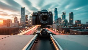Camera mounted on a motorized slider on a rooftop, rails leading toward a city skyline at golden hour with softly blurred clouds and traffic light trails suggesting time-lapse motion.