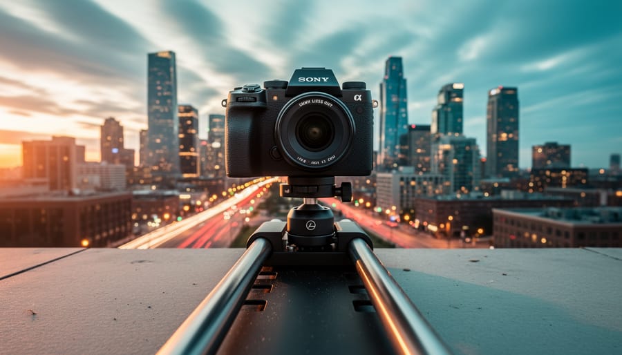 Camera mounted on a motorized slider on a rooftop, rails leading toward a city skyline at golden hour with softly blurred clouds and traffic light trails suggesting time-lapse motion.