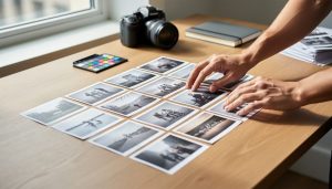 Photographer’s hands arranging a neat grid of printed photo proofs on a wooden desk, with a camera and other tools softly blurred in the background.